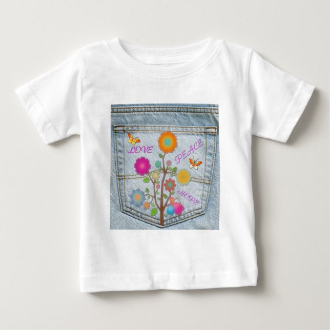 T-shirt Pour Bébé Denim Back Fleurs de poche Paix Aimer Espoir (Devant)