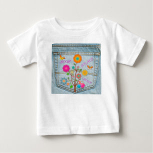 T-shirt Pour Bébé Denim Back Fleurs de poche Paix Aimer Espoir