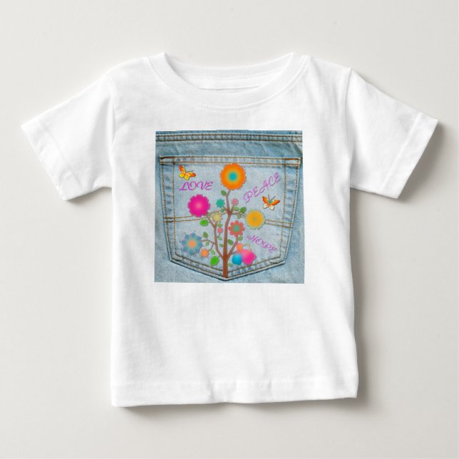 T-shirt Pour Bébé Denim Back Fleurs de poche Paix Aimer Espoir (Devant)