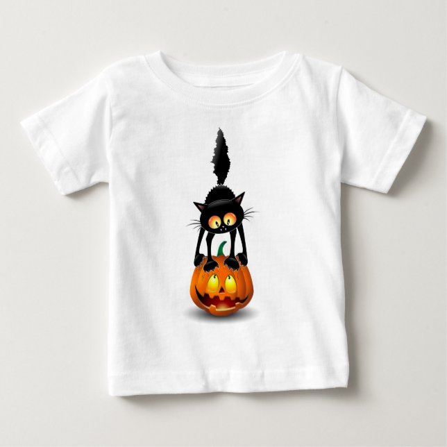 T-shirt Pour Bébé Dessin d'Halloween au chat effrayé sur Citrouille (Devant)