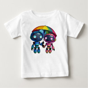 T-shirt Pour Bébé deux robots mignons avec un parapluie coloré