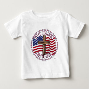 T-shirt Pour Bébé Dieu Bénisse l'Amérique et Croix Avec Drapeau USA 