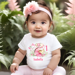T-shirt Pour Bébé Dinosaur Girl Pink Pastel Floral Nom 1er Anniversa