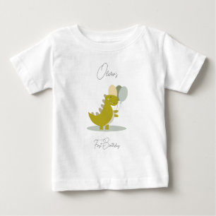 T-shirt Pour Bébé Dinosaure jaune vert gris premier anniversaire