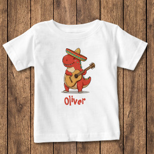 T-shirt Pour Bébé Dinosaure rouge de fête avec sombrero et guitare