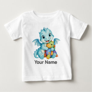 T-shirt Pour Bébé Dragon aquarelle personnalisé tenant un dinosaure 