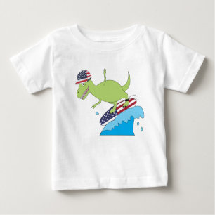 T-shirt Pour Bébé Drapeau américain Dinosaur Surfing