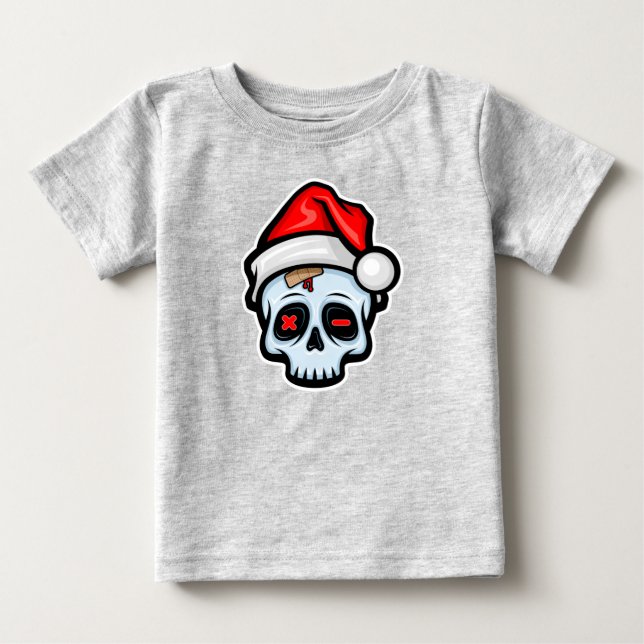 T-shirt Pour Bébé Drôle crâne de Noël, style de dessin (Devant)