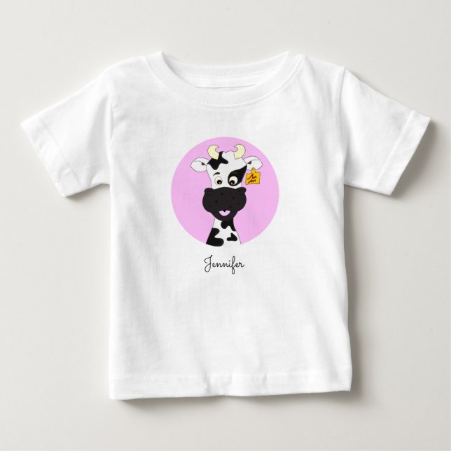 T-shirt Pour Bébé Drôle dessin de vache rose nom bébé chemise (Devant)