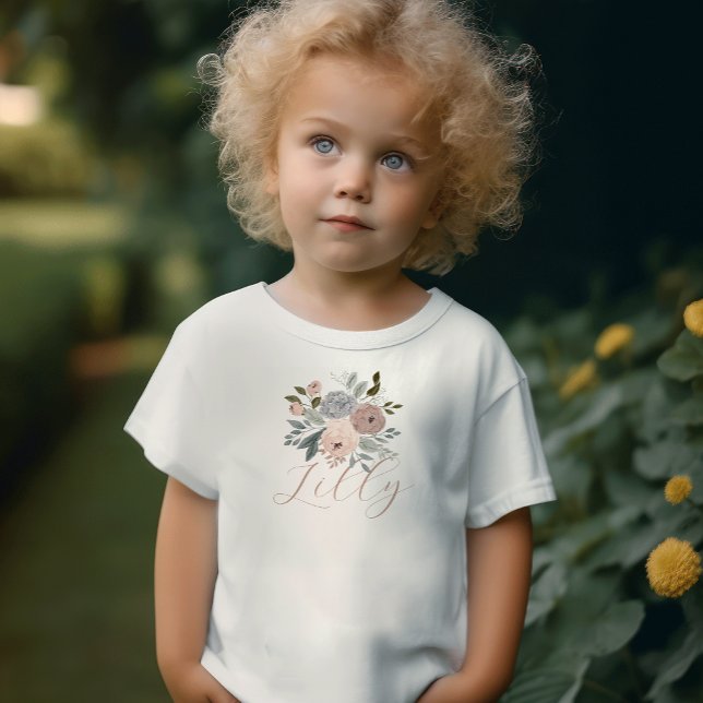 T-shirt Pour Bébé Dusky Rose Floral Whimsical Script mignon (Créateur téléchargé)