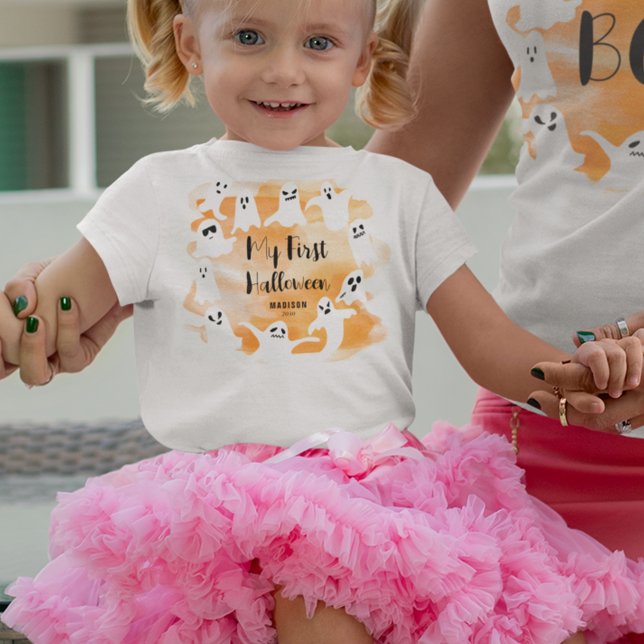 T-shirt Pour Bébé Éffrayant fantôme Halloween fête aquarelle (My First Halloween T-shirt)