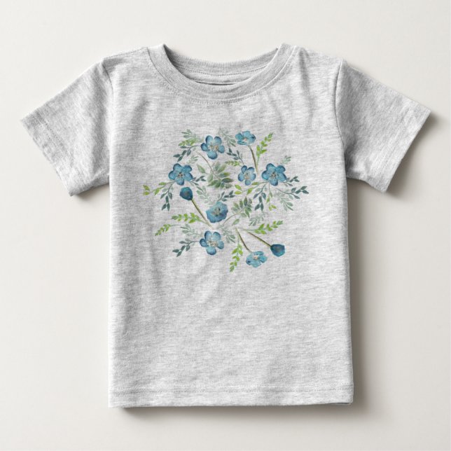 T-shirt Pour Bébé Elégant Boho bleu vert Aquarelle Fleurs (Devant)