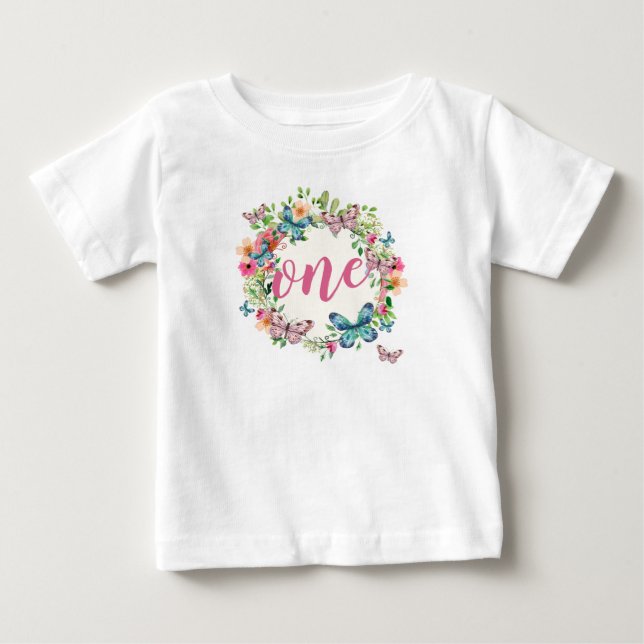 T-shirt Pour Bébé Élégante première année de florale Wreath | Ruffle (Devant)