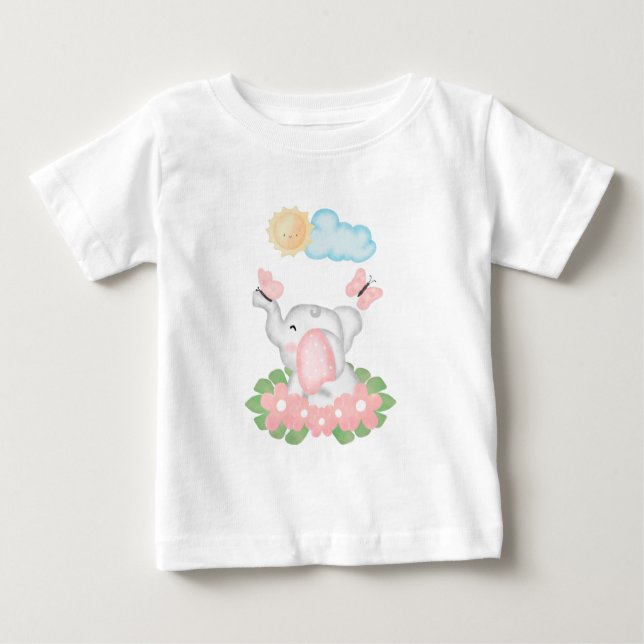 T-shirt Pour Bébé Éléphant de bébé mignon avec des fleurs roses (Devant)