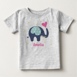 T-shirt Pour Bébé Eléphant gris mou et coeur rose Personnalisé