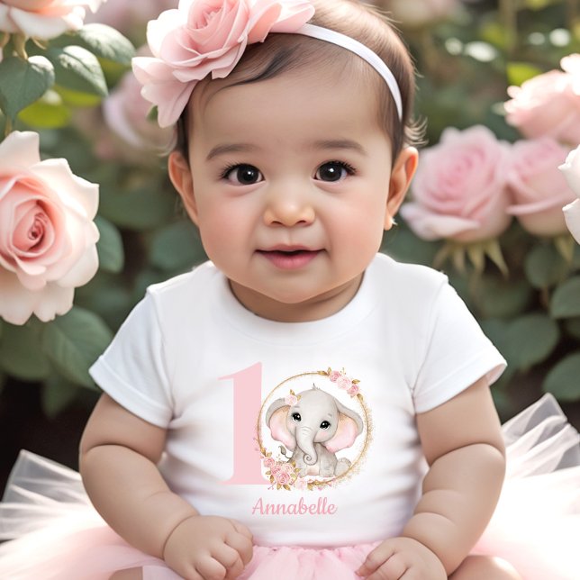 T-shirt Pour Bébé Eléphant mignon Fleurs roses Nom de fille (Cute Elephant Pink Flowers Girl Baby T-Shirt)