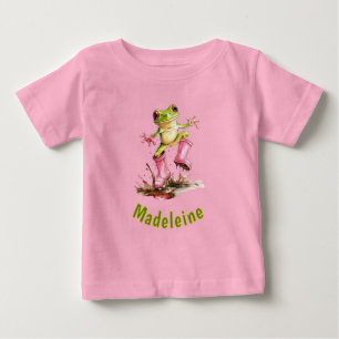 T-shirt Pour Bébé Enfant grenouille en bottes de pluie roses monogra