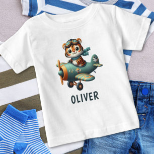 T-shirt Pour Bébé Enfant Tigre Mignon Faisant Voler un Avion Personn