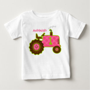 T-shirt Pour Bébé Ęr anniversaire de tracteur rose personnalisé