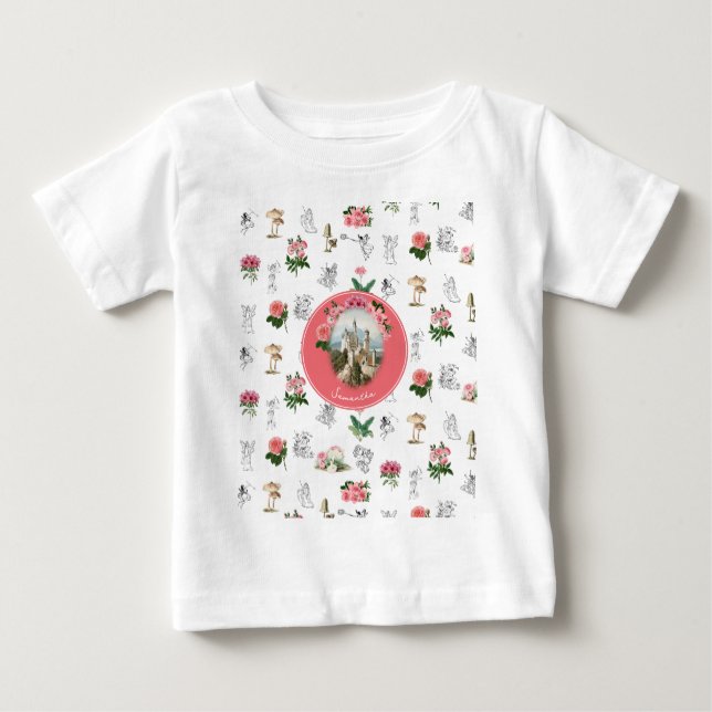 T-shirt Pour Bébé Fées Rose Floral Champignons Fée Château Monogramm (Devant)