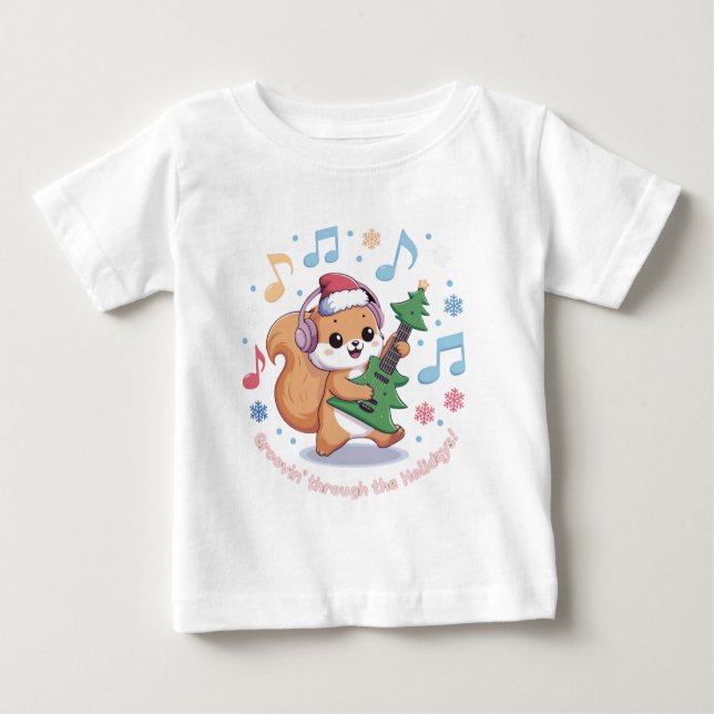 T-shirt Pour Bébé Festive Squirrel Playing Guitar Surrounded by Snow (Devant)