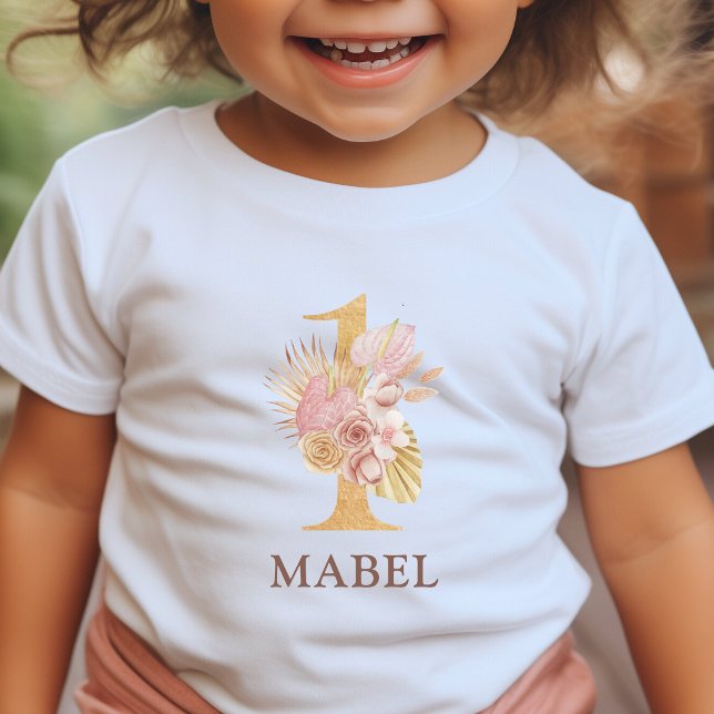 T-shirt Pour Bébé Fête d'anniversaire Bohème Floral 1 an (Kids 1st Birthday Party T-Shirt floral boho style)