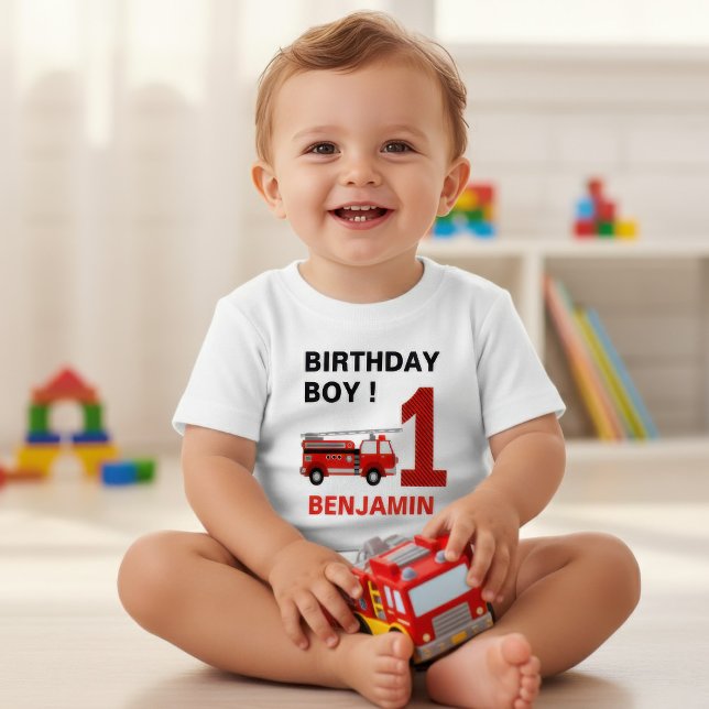 T-shirt Pour Bébé Fête d'anniversaire Camion de pompiers 1 an (Créateur téléchargé)