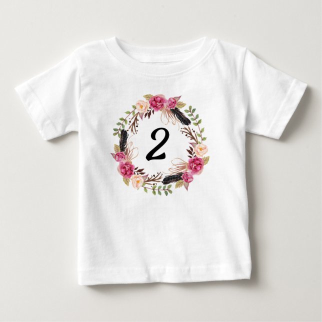 T-shirt Pour Bébé Fête d'anniversaire de 2 ans Bohème Fleurie Fémini (Devant)