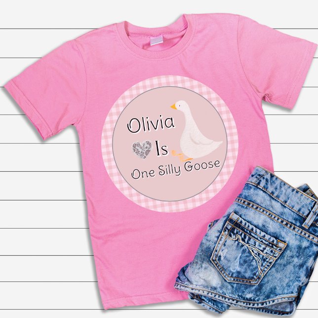 T-shirt Pour Bébé Fête d'anniversaire de fille Gingham Rose Une Oie  (Pink Gingham One Silly Goose Girl's Birthday Party Baby T-Shirt)