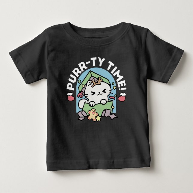 T-shirt Pour Bébé Fête de Noël avec Purr-ty Time Cat (Devant)