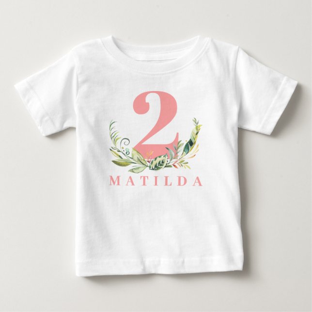 T-shirt Pour Bébé Feuillage de 2e anniversaire + numéro d'âge floral (Devant)