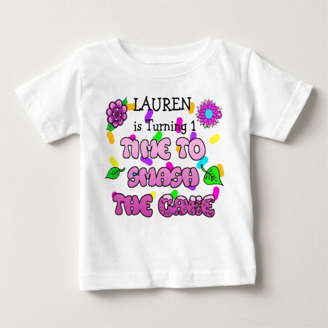 T-shirt Pour Bébé Fille d'anniversaire, nom et âge, Chemise de gâtea (Devant)