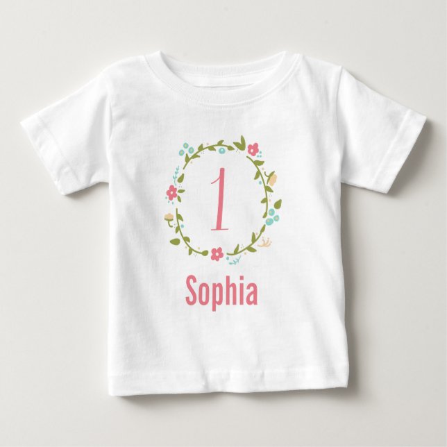 T-shirt Pour Bébé Fille de couronne fleurie 1er anniversaire Personn (Devant)