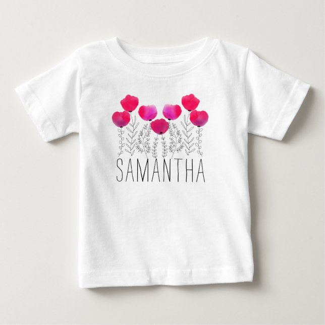 T-shirt Pour Bébé Fille personnalisée Nom aquarelle Floral (Devant)