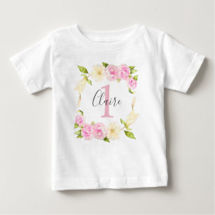 T-shirt Pour Bébé Fille rose gerbe florale Premier anniversaire