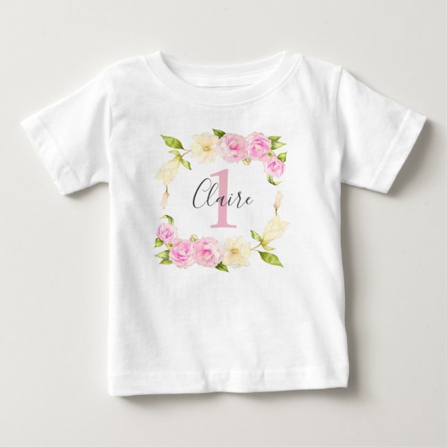 T-shirt Pour Bébé Fille rose gerbe florale Premier anniversaire (Devant)