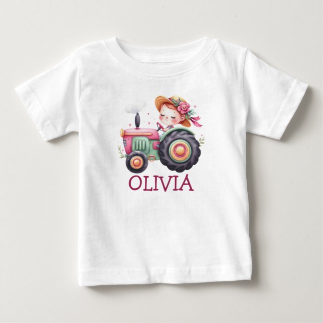 T-shirt Pour Bébé Filles Joli Tracteur rose Personnalisé (Devant)