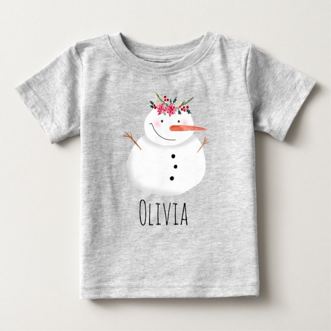 T-shirt Pour Bébé Filles mignonnes Fleur de Noël Snowman et nom (Devant)