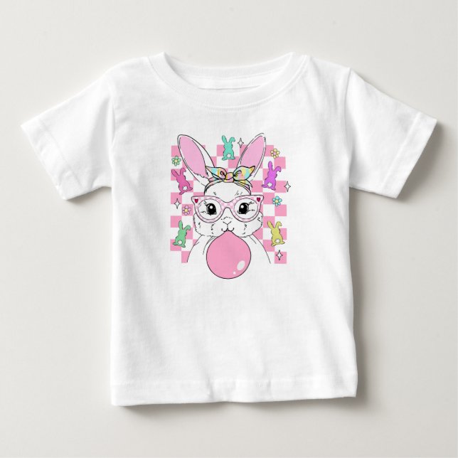 T-shirt Pour Bébé Filles Retro À damiers lapin rose Pâques (Devant)