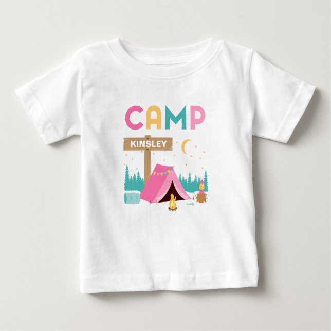 T-shirt Pour Bébé Filles roses modernes Camping à thème Anniversaire (Devant)