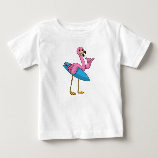 T-shirt Pour Bébé Flamant rose comme Surfer avec Surfboard (Devant)
