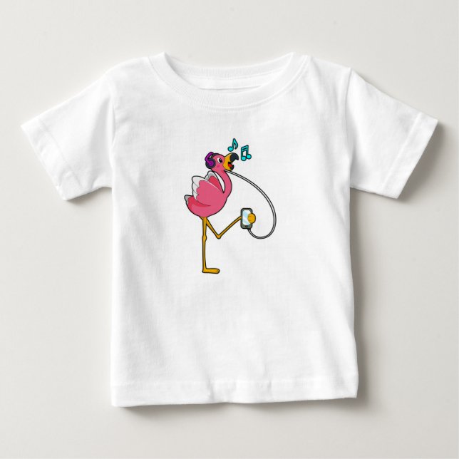 T-shirt Pour Bébé Flamingo at Music with Headphone (Devant)