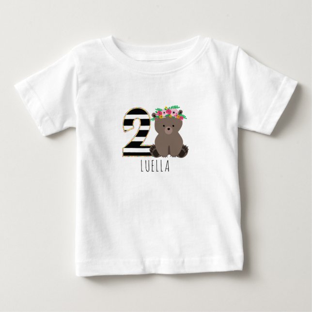 T-shirt Pour Bébé Fleur Bébé Bear Stripes Second Birthday Chemise (Devant)