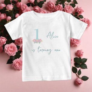 T-shirt Pour Bébé Fleur bleue, rose pastel 1er anniversaire