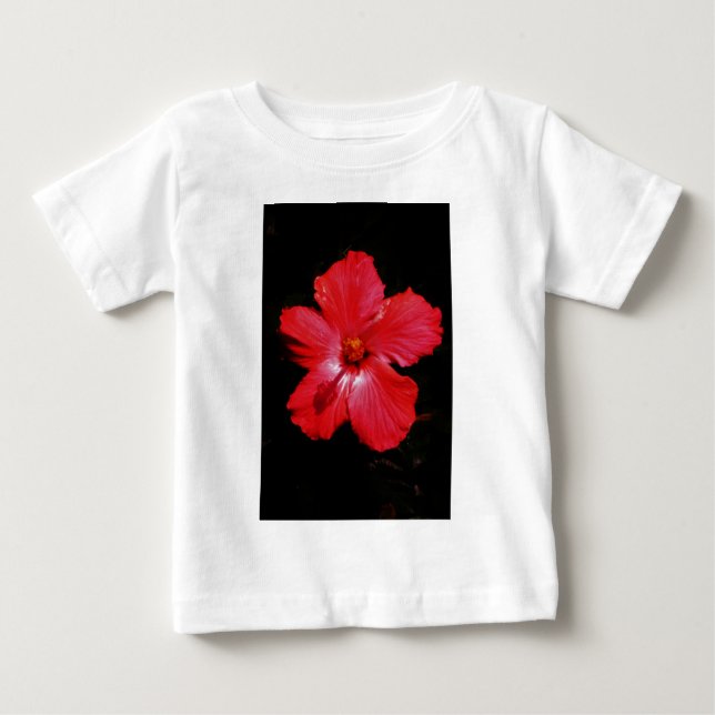 T-shirt Pour Bébé Fleur d'Hibiscus rouge rose chaud sur noir (Devant)