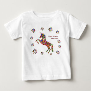 T-shirt Pour Bébé Fleurs Unicorne Magique Anniversaire Personnaliser