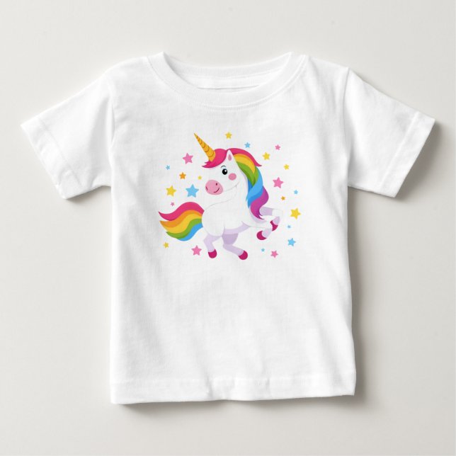 T-shirt Pour Bébé Flying Rainbow Unicorn With Stars (Devant)