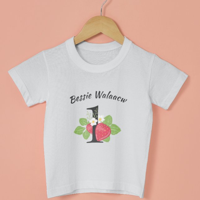 T-shirt Pour Bébé Fraise 1 Premier anniversaire Nom du bébé Aquarell (Créateur téléchargé)