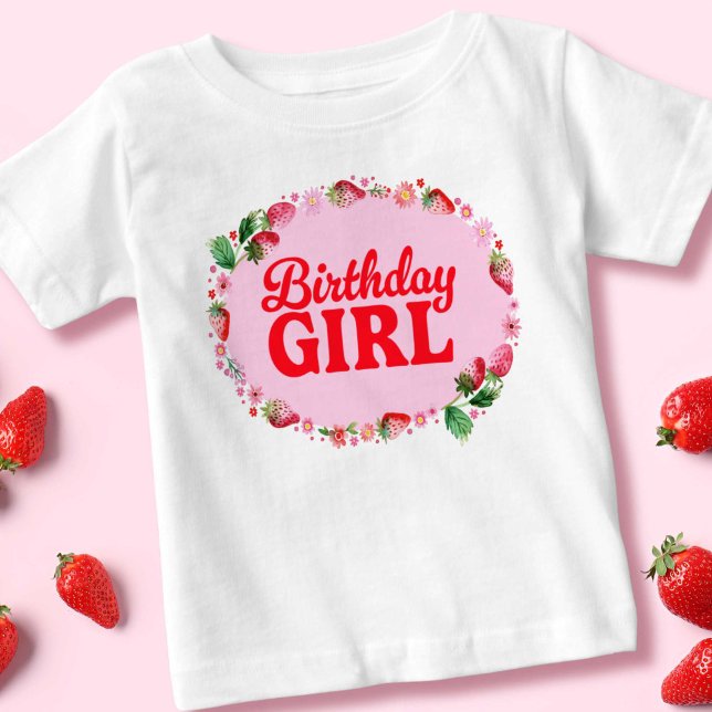 T-shirt Pour Bébé Fraise Anniversaire Fille rose et rouge (Strawberry Birthday Girl Pink and Red Baby T-Shirt)