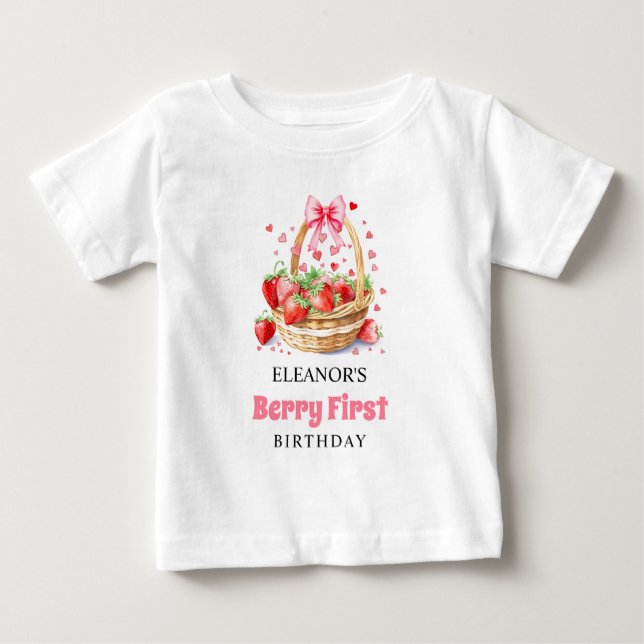 T-shirt Pour Bébé Fraises et arc rose Berry Premier anniversaire (Devant)
